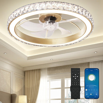 Low Profile Modern Crystal Chandelier Ceiling Fans with Lights and Remote, 3000K-6500K Smart Bladeless LED Fan Light