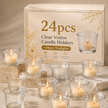 24pcs Clear Tealight Candle Holder & 24pcs White, Smokeless, Unscented Soy Wax Tea Candles - Votive Candle Holders