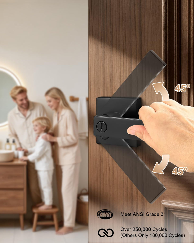 Matte Black Privacy Door Handles, 1 Pack Solid Zinc Alloy Square Interior Door Levers with Lock Bathroom Office