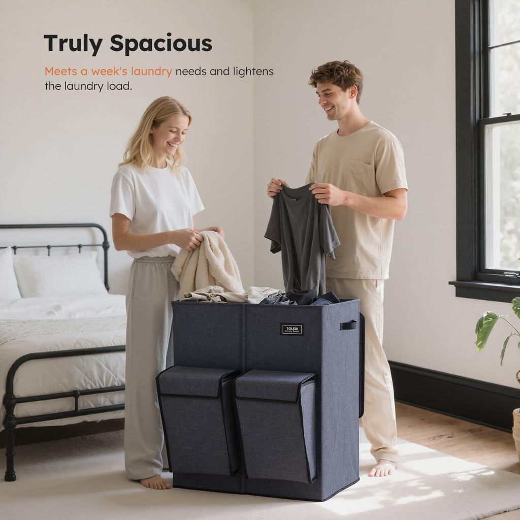 180L Double Laundry Hamper with Lid and 2 Side Pockets, Dual Hamper | 2 Section Laundry Basket, Removable & Washable