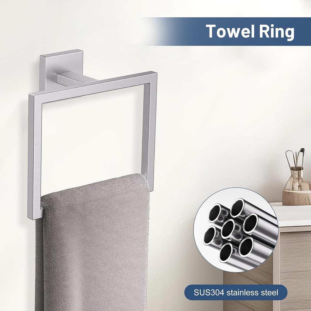 5-Pieces Brushed Nickel Bathroom Hardware Accessories Set 23.6" Towel Bar Set Wall Mounted Square Toilet Paper Holder