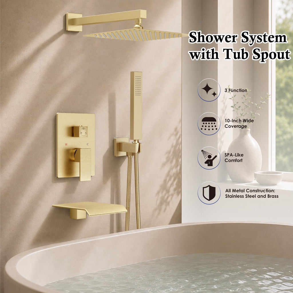 Rain Shower System with Tub Spout,10 Inch Brushed Gold