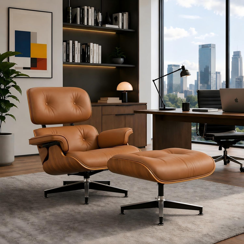 Modern Chaise Lounge Chair and Ottoman — Leather