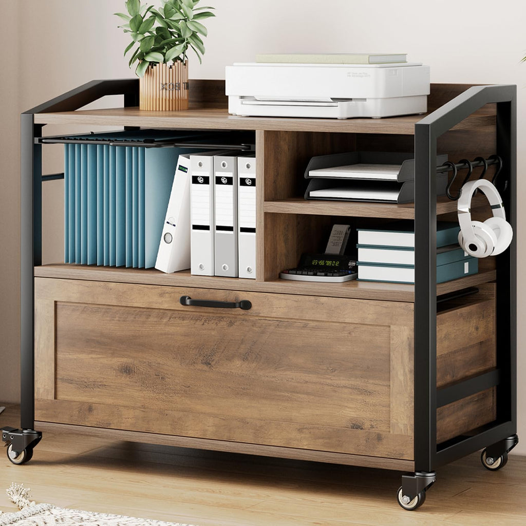 33 Inch Filing Cabinet ,Rustic Oak File Cabinet | Mobile Rolling Printer Stand with Storage Shelf with Drawer for