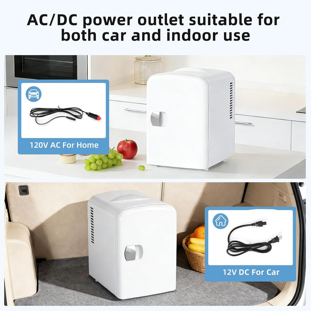 4L/6 Can Portable Mini Fridge,Personal Compact Refrigerator,Small Cooler for Food,Drinks or Skin Care, AC/DC for Bedroom, Car, Office & Dorm, White