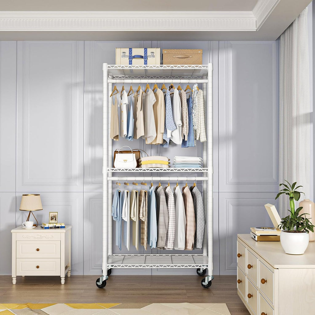 P1 Medium Heavy-Duty Portable Closet, 30" W x 14" D x 76" H, White | Metal Rolling Clothing Rack, Closet System with