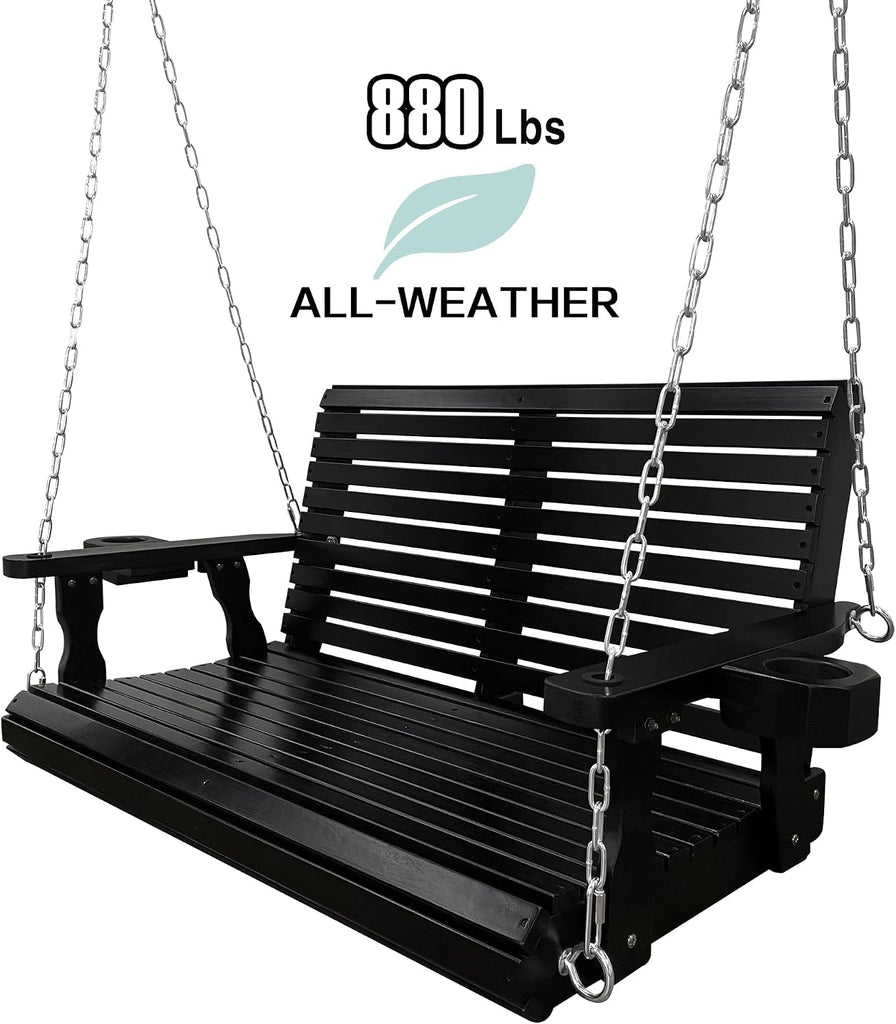 Wooden Porch Swing 2-Seater, High Backrest and Deep Seat, Bench Swing with Cupholders, Hanging Chains and 7mm