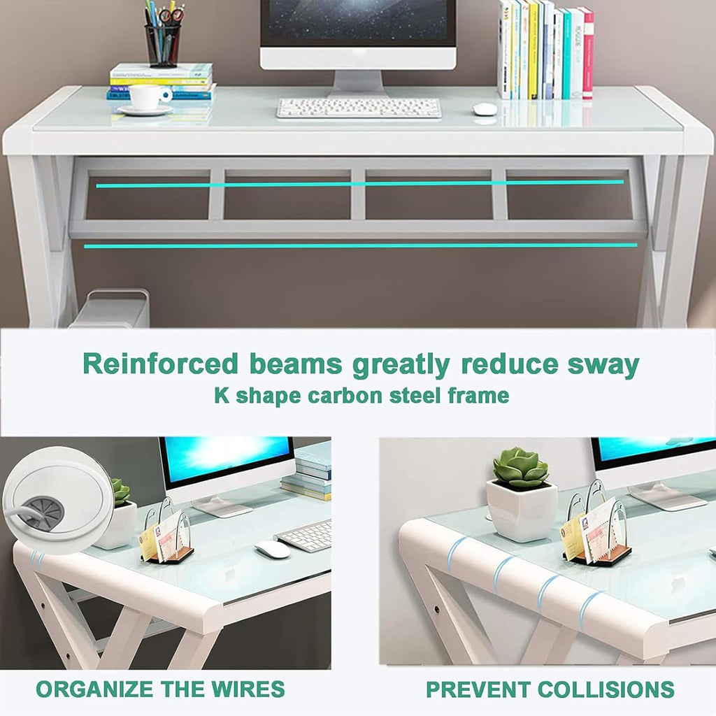 Computer Desk & Gaming Desk, Home Office Desks 55.1 Inch- Modern Simple Writing Study White Glass Computer Desk