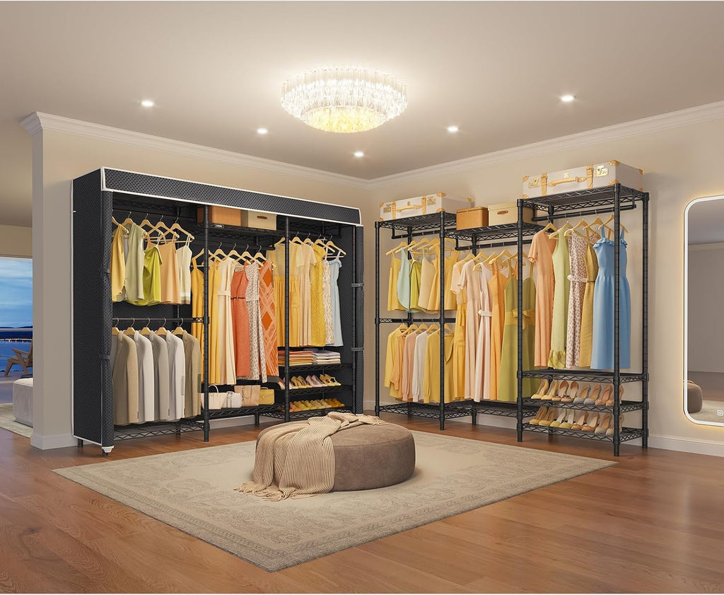 V5C Heavy Duty Covered Clothes Rack Portable Closet Rack, Black Metal Clothing Rack with Black Upgarded Polyester