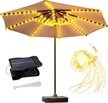 Solar Umbrella Lights, 8 Strands Patio Umbrella Lights Outdoor with 8 Modes 3V Solar Panel Clip 112 Led Outdoor
