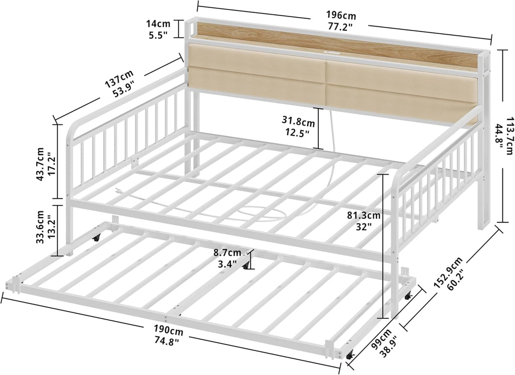 Daybed with Trundle, Full Bed Frame, White