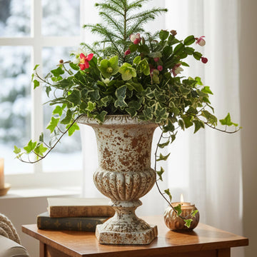 Small 9.1'' H Vintage Urn Planter, Distressed Retro Tabletop Flower Pot with Drainage Hole, Lightweight Decorative