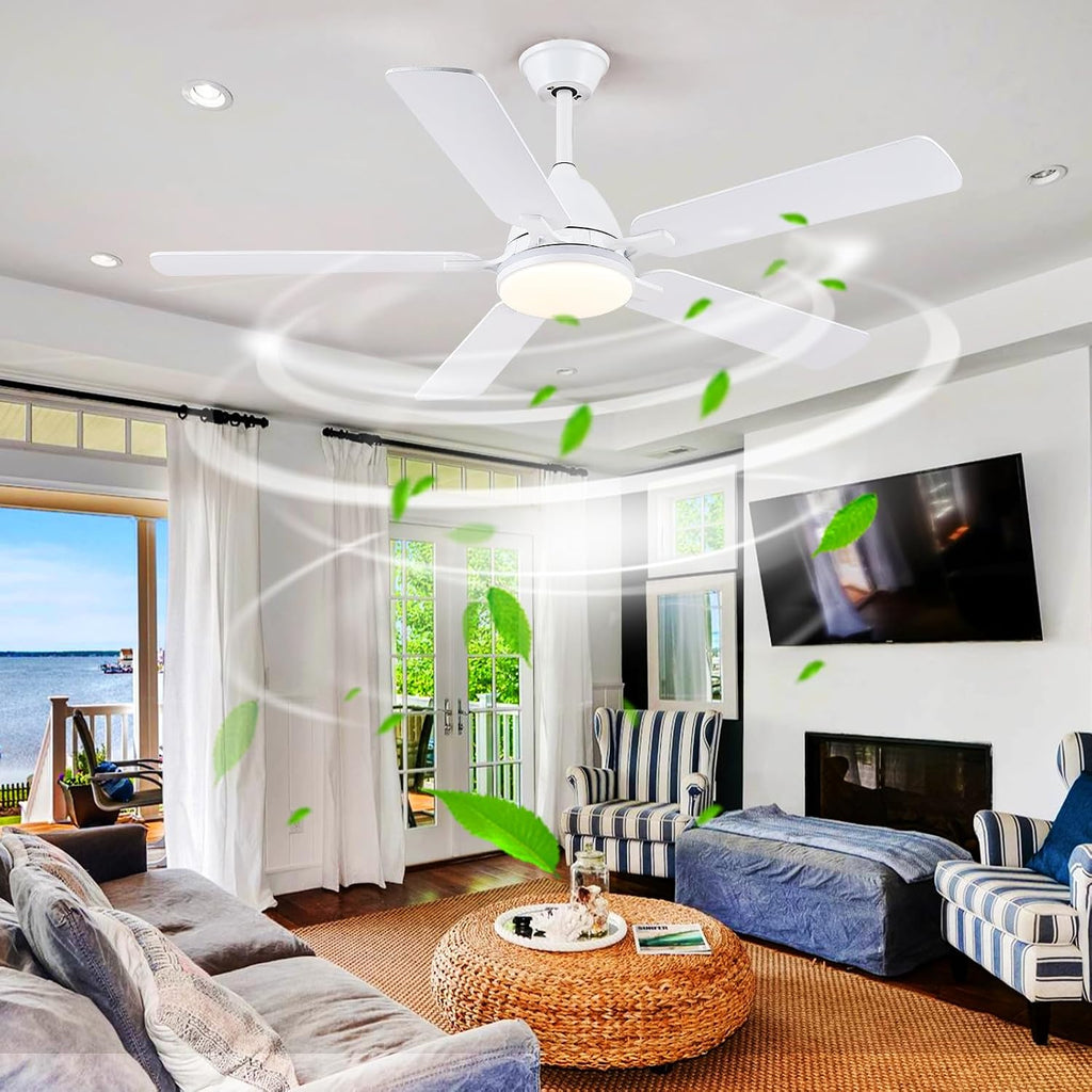 Ceiling Fans with Lights, 52 Inch Low Profile Ceiling Fan with Light and Remote Control,Reversible,RGB,3CCT, Dimmable,Quiet,White Ceiling Fan for Bedroom Indoor/Outdoor Use