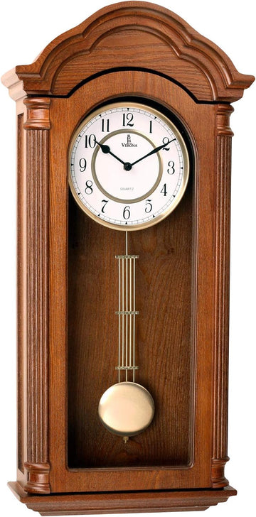 Grandfather Wall Clock with Pendulum — Large Hanging Wooden Battery Operated Non-Chiming Clock 26 x 12 inch - Quiet, Solid Wood Clock...