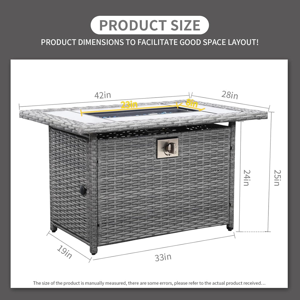 60000 BTU Wicker Gas Fire Pit Outdoor Fire Pit Table 45 Inch Fire Pits for Outside with Woodgrain Marble Tabletop Fire P
