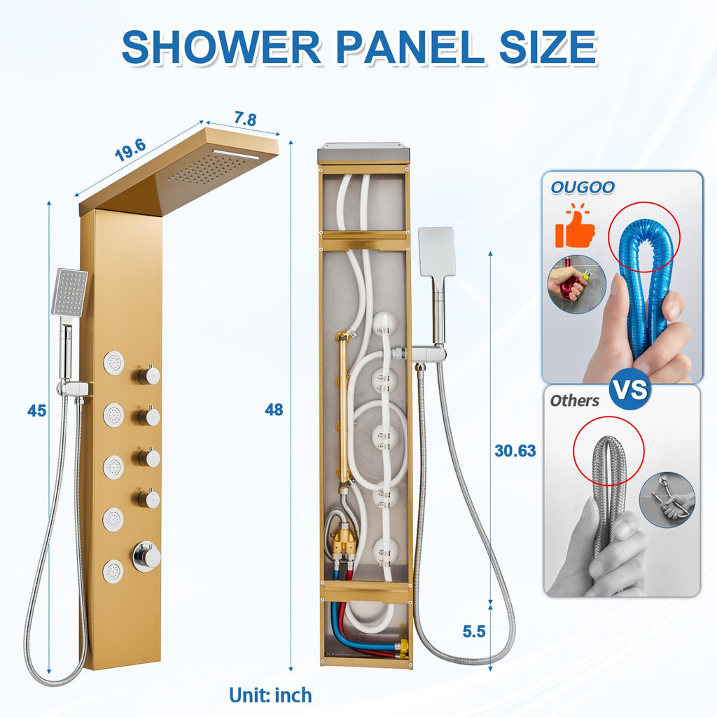 Shower Panel Tower System with Rainfall & Waterfall Shower, 5 Body Jets, 3-Function Handheld, 304 Stainless Steel