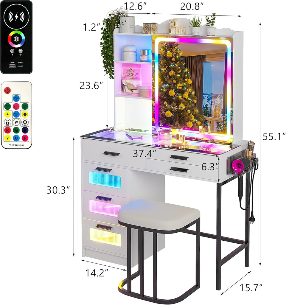 Vanity Desk with Sliding Mirror and Glass Desktop, LED Vanitys Mirror with RGB Lights Desk and Chair, Dressers Table