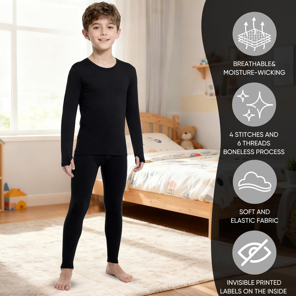 Thermal Underwear for Kids,Boys Fleece Lined Base Layer Long Johns Thermals Top and Bottom Set for Winter Skiing Black