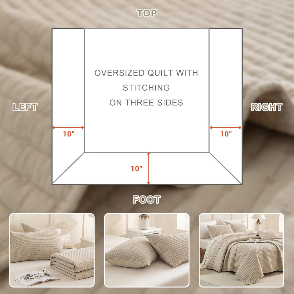 Oversized King Quilt 120x120, Stone-Washed Cotton Wheat, 3 Pieces Lightweight Ultra Soft California King Coverlet Set