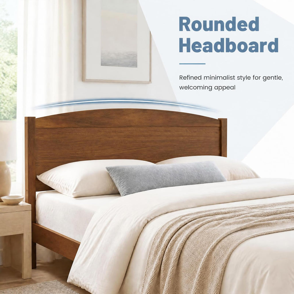 Full Size Bed Frame, Wooden Platform Bed with Curved Headboard