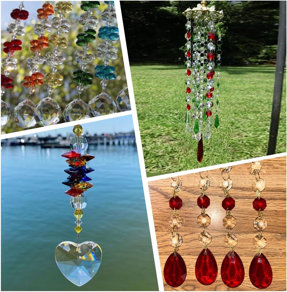 1 Box 120Pcs 14mm Crystal Glass Octagon Beads 2 Hole Crystal Prism Beads Red Glitter Chandelier Replacement Connector