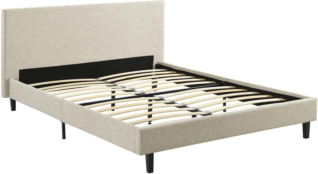 Anya Upholstered Beige Platform Bed with Wood Slat Support in Queen