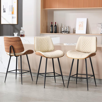 Counter Height Barstools Set of 3, 26.9" Armless Stools with Metal Legs, Walnut Pub Chair in Modern Style, PU Leather