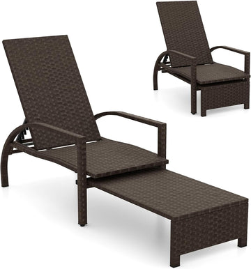 Outdoor Rattan Wicker Chaise Lounge Chair with 6-Position Backrest, Retractable Ottoman, Armrests, Patio Reclining