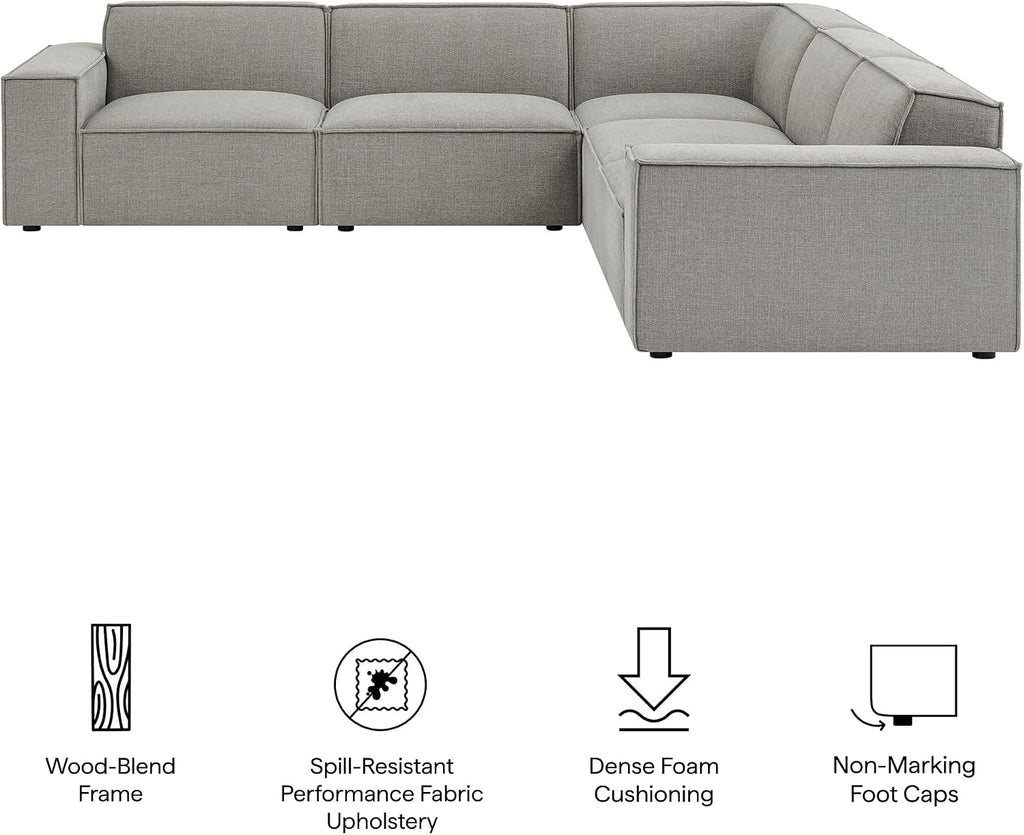 Restore Performance Fabric Upholstered 5-Piece Modular L-Shaped Sofa in Pewter - Low Profile L-Shaped Sectional Couch