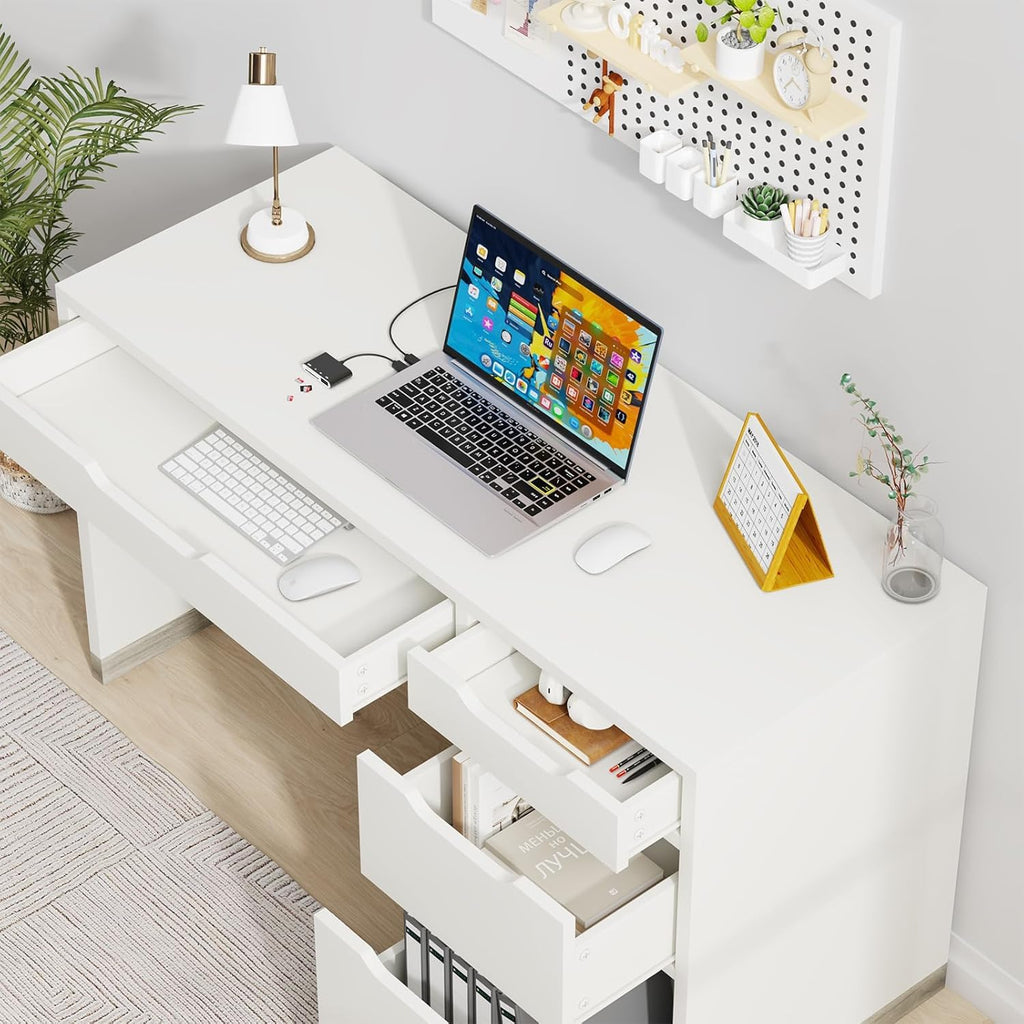52 Inch White Desk with 4 Drawers, Computer Desk with Storage for Small Spaces with Storage File Cabinet