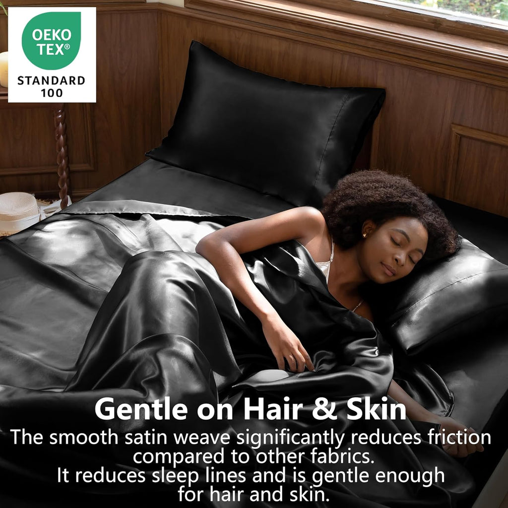 Satin Sheets Bed Set - Silky Soft Bedding Similar to Silk, 4 Piece Sheet Set for Hair and Skin, Deep Pocket