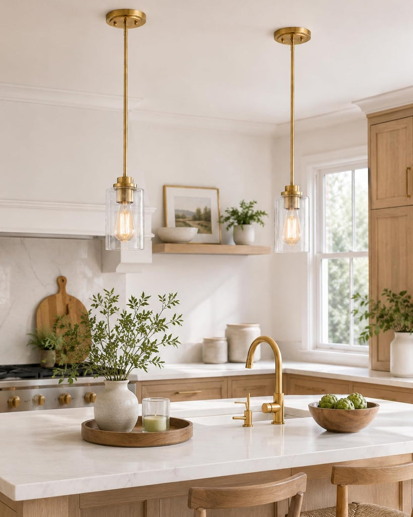 Brass Pendant Lights Kitchen Island 2 Pack, Farmhouse Gold Pendant Lighting with Clear Glass Shade, Mini Hanging