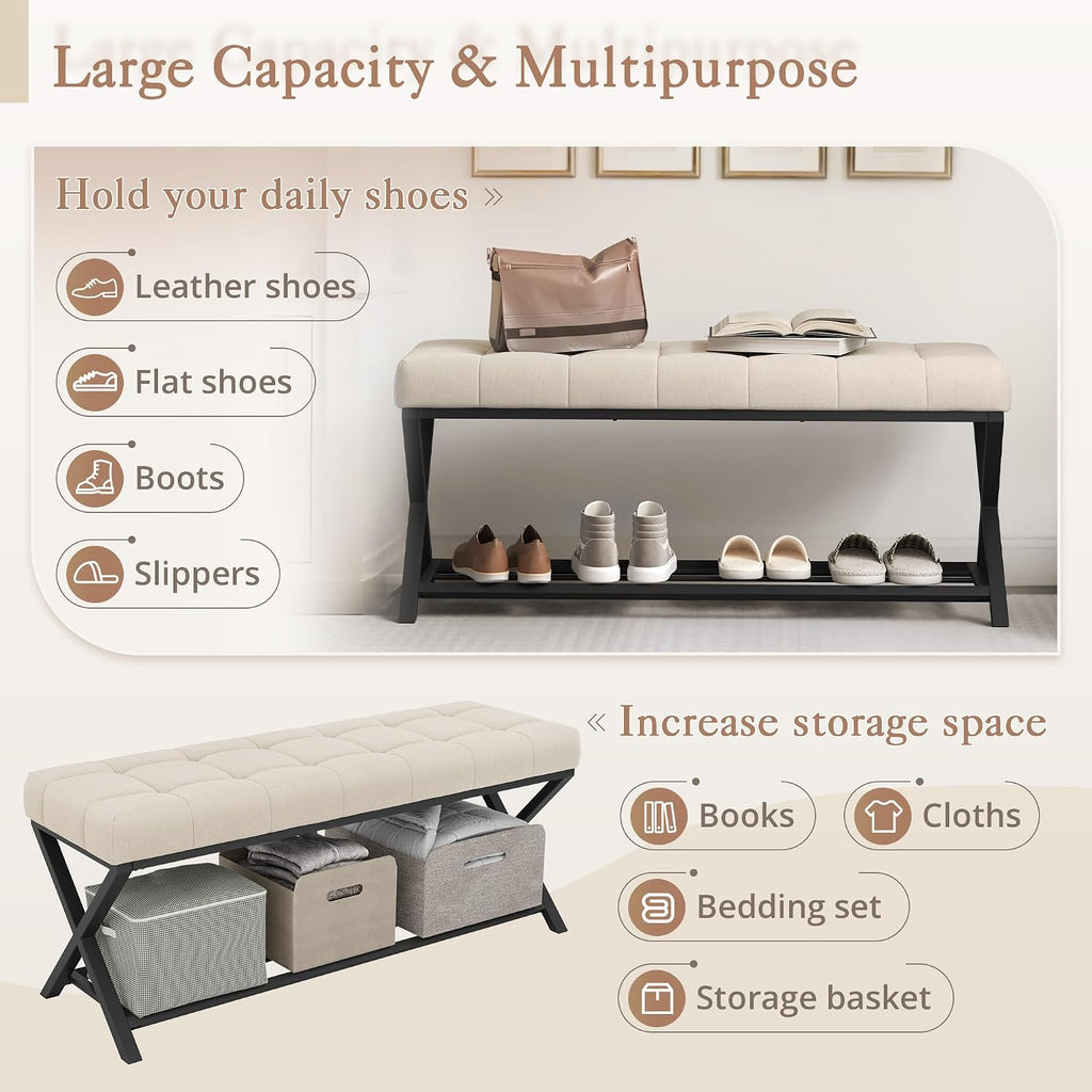 44.5" End of Bed Bench with Shelf, Linen Tufted Upholstered Storage Shoe Bench, Modern Bedroom Bench with Metal Legs