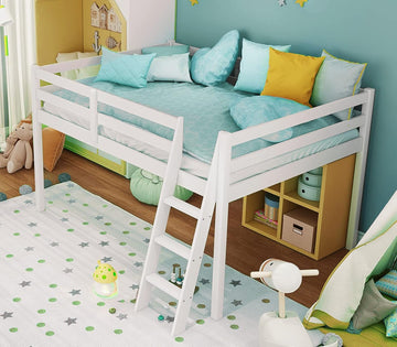 Junior Low Loft Bed with Stairs, White Wood Loft Bed Full for Adults, Kids and Young Teens