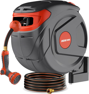 100 FT 1/2 Inch Retractable Garden Hose Reel Wall-Mounted 180° Swivel 9-Patern Nozzle Automatic Slow Return Any