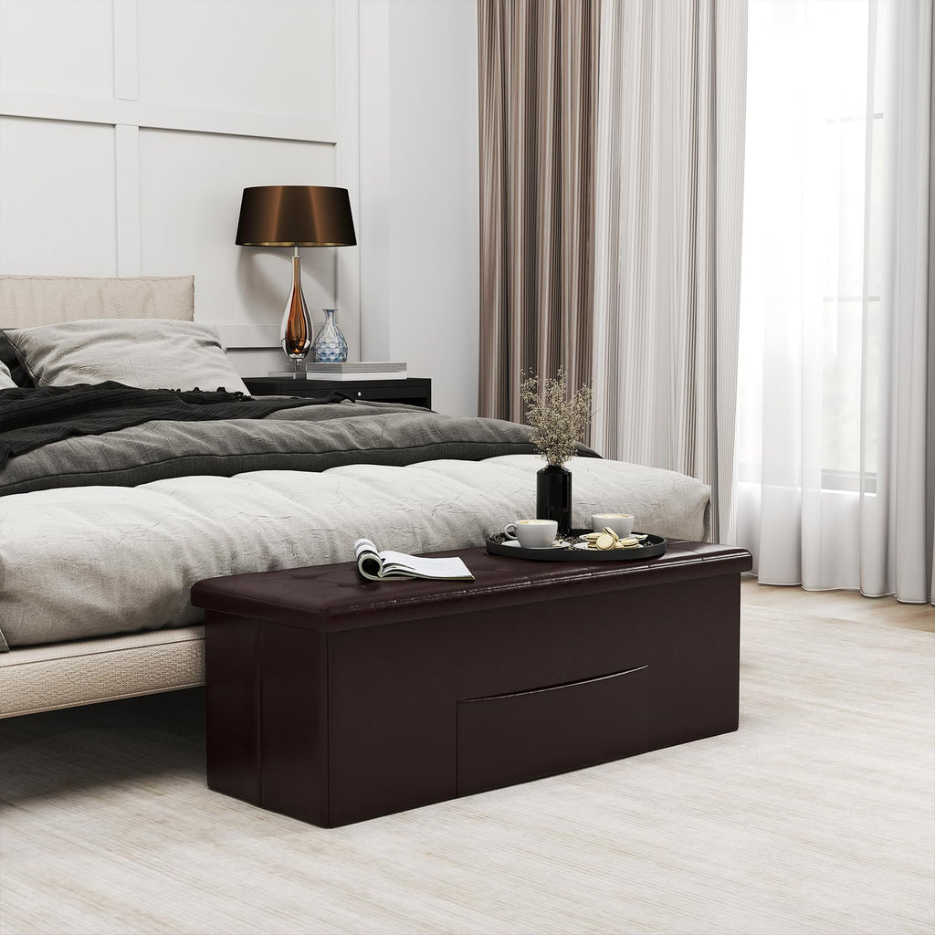 43 Inches Folding Storage Ottoman Bench, Upholstered PU Leather Storage Chest with Side Pocket, Padded Seat, End of