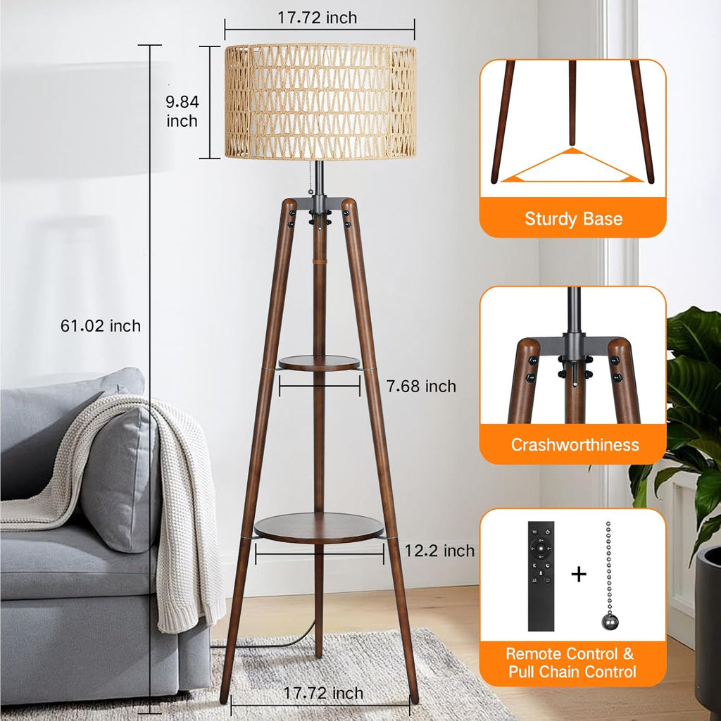 Boho Rattan Tripod Floor Lamp with Shelves, Dimmable Mid Century Modern Standing Lamp with Remote Control