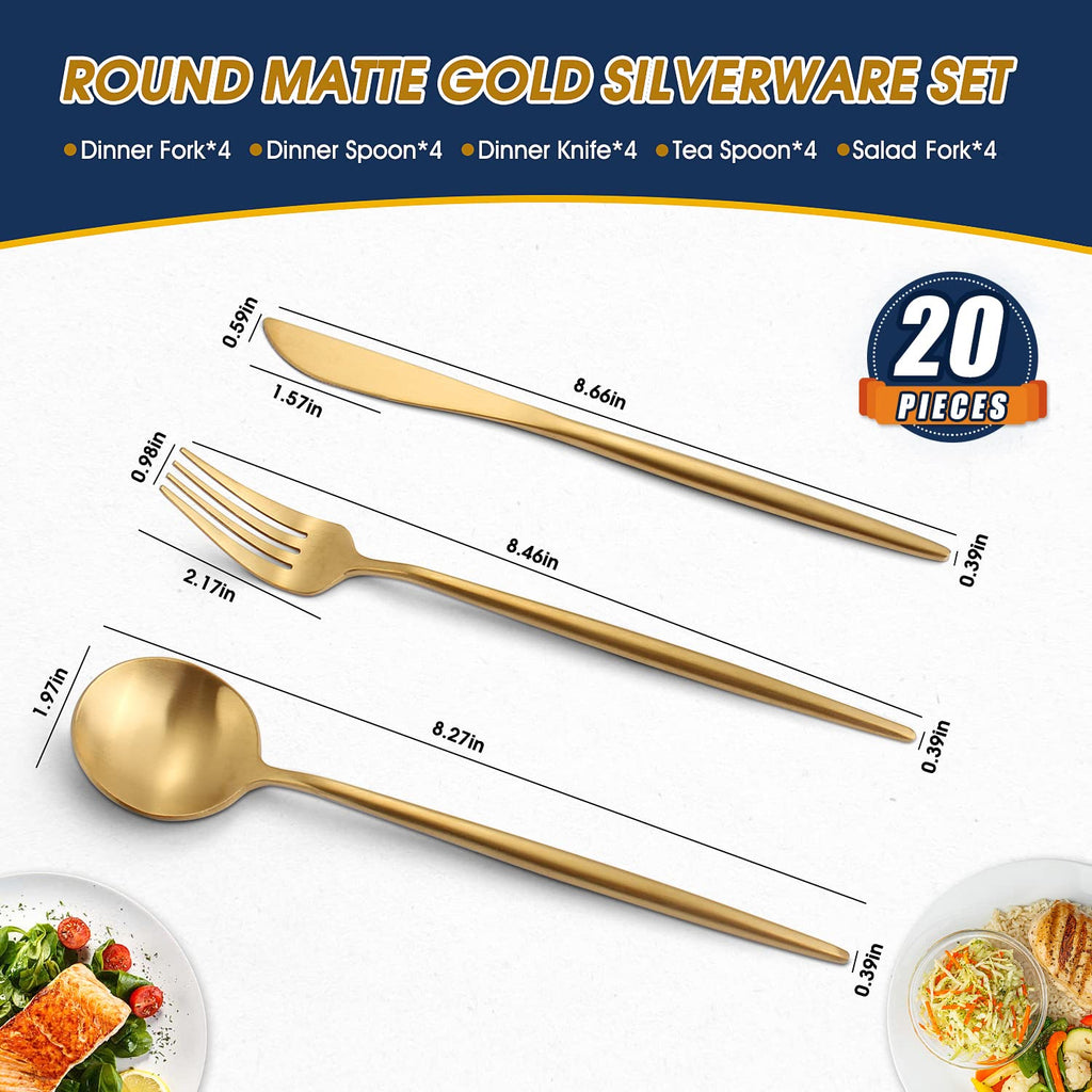Matte Gold Silverware Set, 20-Piece Stainless Steel Flatware Set for 4, Satin Finish Tableware Cutlery Set,Premium