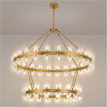 48 Inch Gold Wagon Wheel Chandelier with Crystal Shade, 2 Tier 80 Lights, Modern Farmhouse Style, Ideal for Dining Room, Kitchen, Entryways