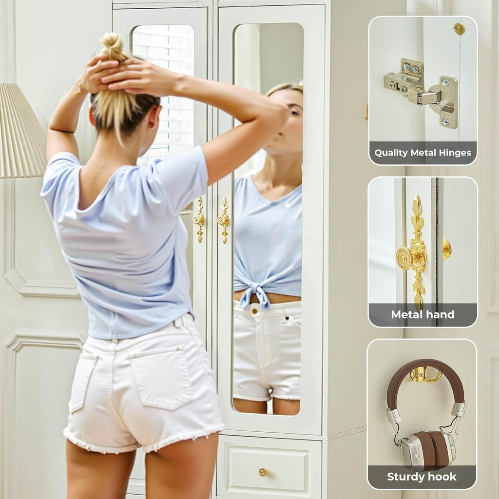 Armoire Wardrobe Closet, White Bedroom Armoires Cabinet with Mirror Door and 3 Drawers, 69.5" H Clothing Storage