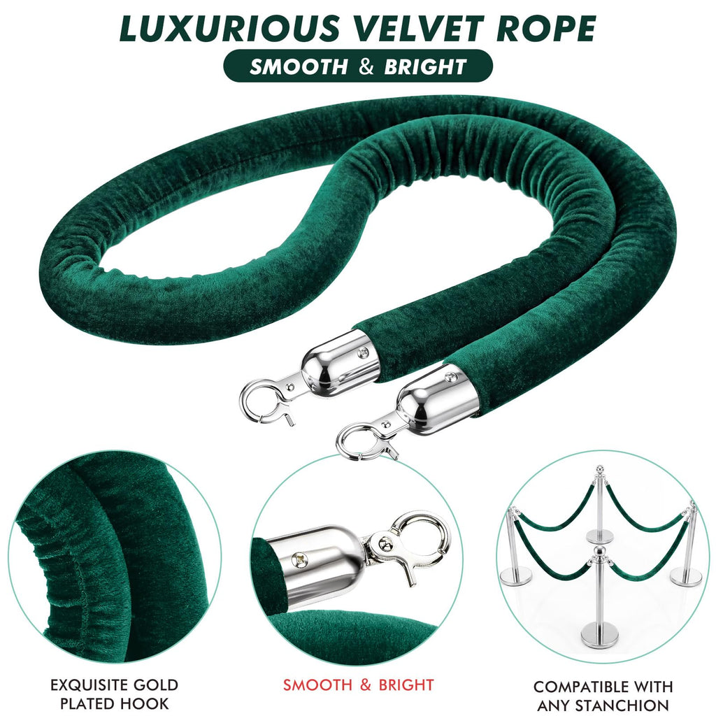 8 Pack 5 Feet Velvet Stanchion Rope Crowd Control, Dark Green