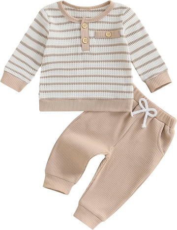 Baby Boy Fall Outfits Waffle Striped Toddler Boy Sweatshirt Pullover Tops Pants Infant Baby Fall Winter Clothes