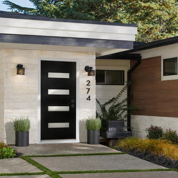 36"x80" Modern Style Fiberglass Front Door with Mahogany Wood Grain Texture, 4-Lite Frosted Glass, Left Inswing