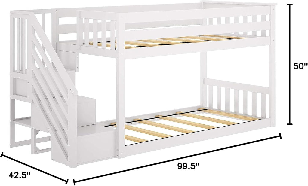 Low Bunk Bed, Twin-Over-Twin Bed Frame For Kids With Stairs, White