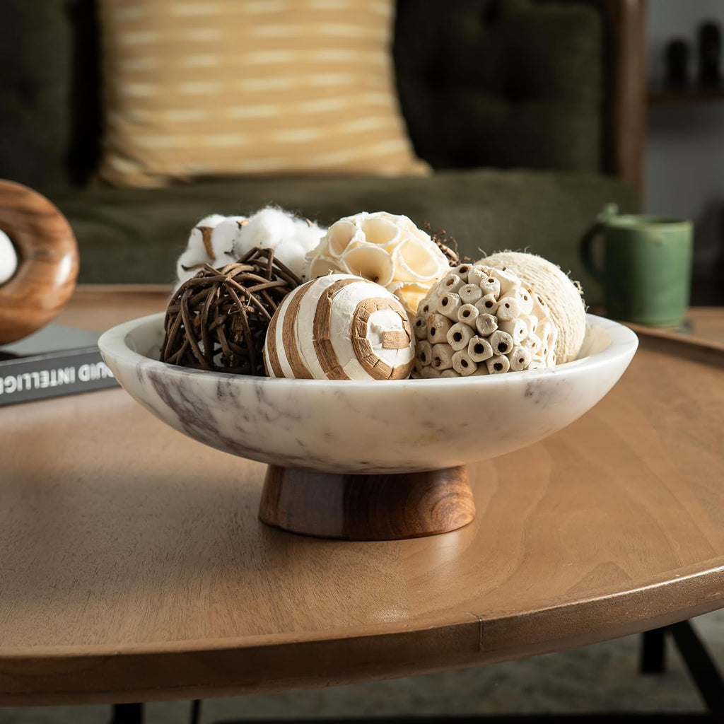 Marble Decorative Bowl with Acacia Wood Pedestal, 11 Inch | Handcrafted Natural Stone Fruit Bowl , Potpourri, Catch