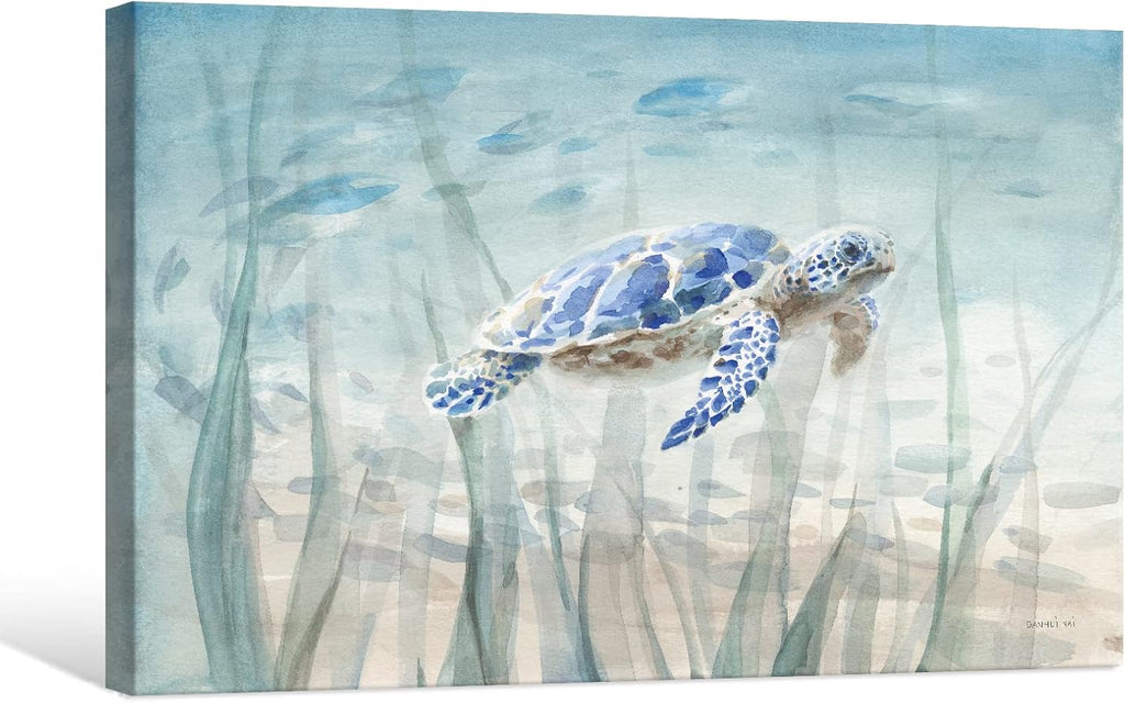 Ocean Wall Decor Blue Turtle Canvas Art Sea Grass Pictures Coastal Print Painting Nautical Artwork Ready to Hang