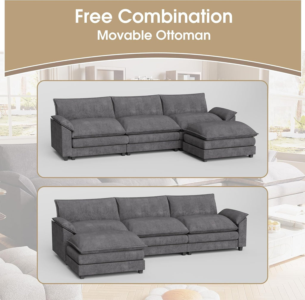 119” Sectional Sofa Modern Deep Couch with Reversible Ottoman