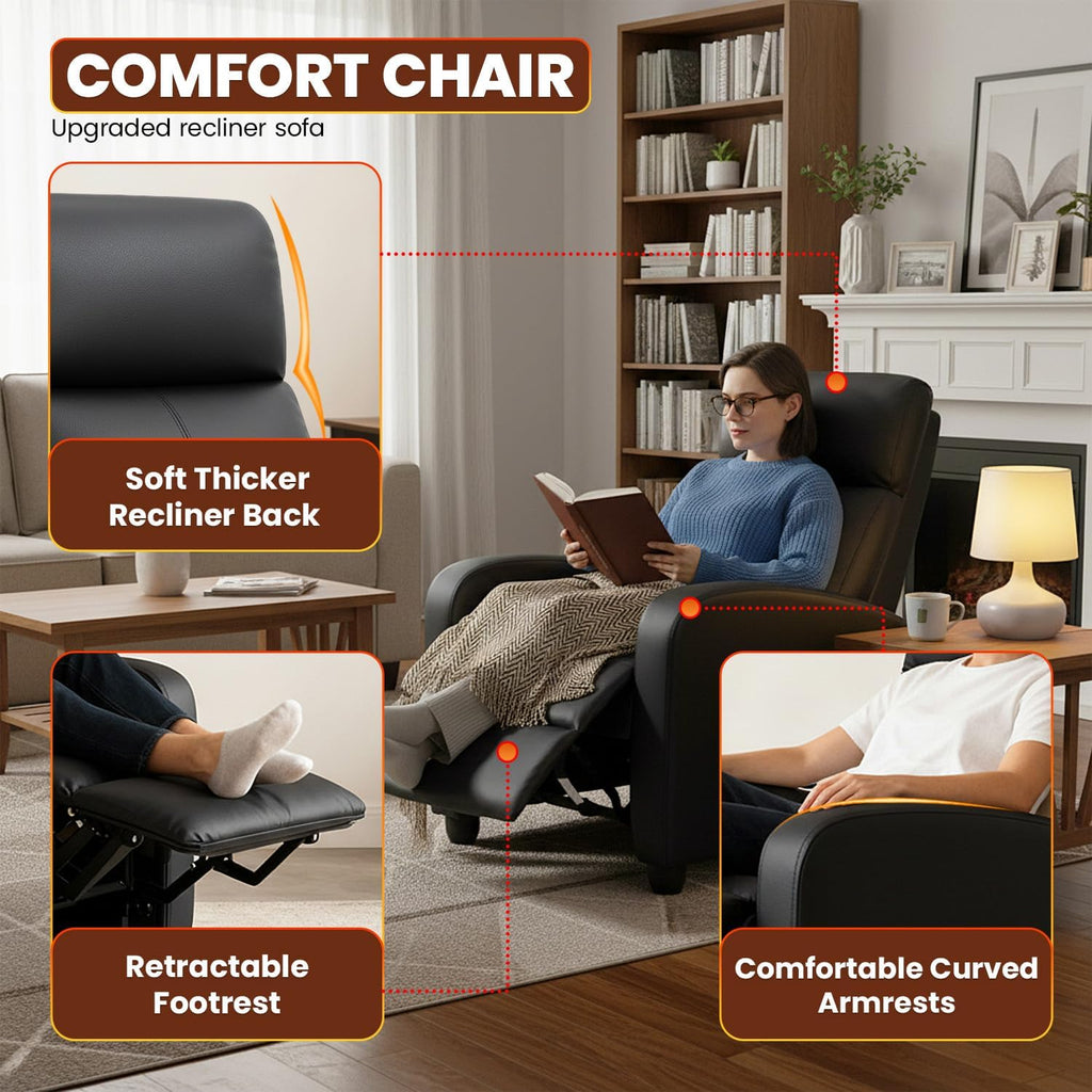 Recliner Chair for Living Room Home Theater Seating Single Reclining Sofa Lounge with Padded Seat Backrest (Black)