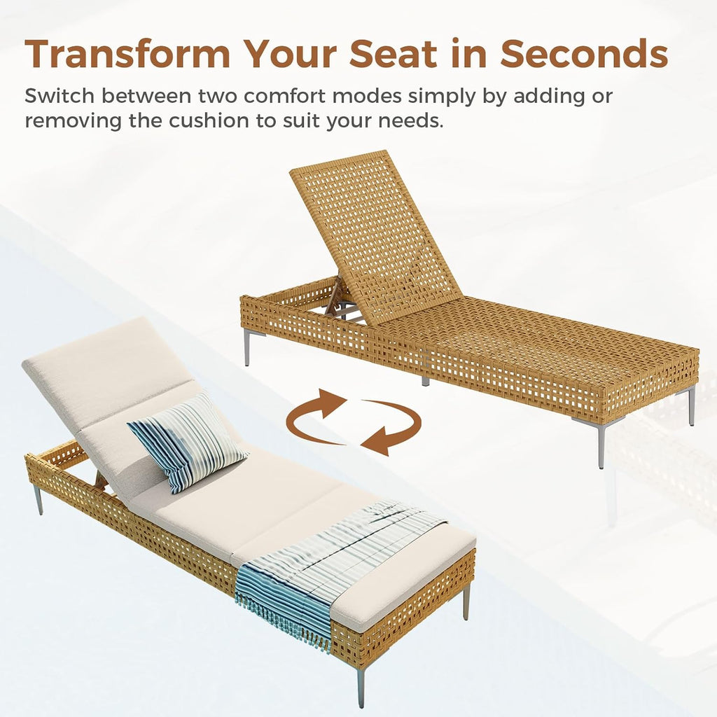 Wicker Outdoor Chaise Lounge, 3 Adjustable Positions, Cream | 3-position recline wicker chaise lounge, weatherproof