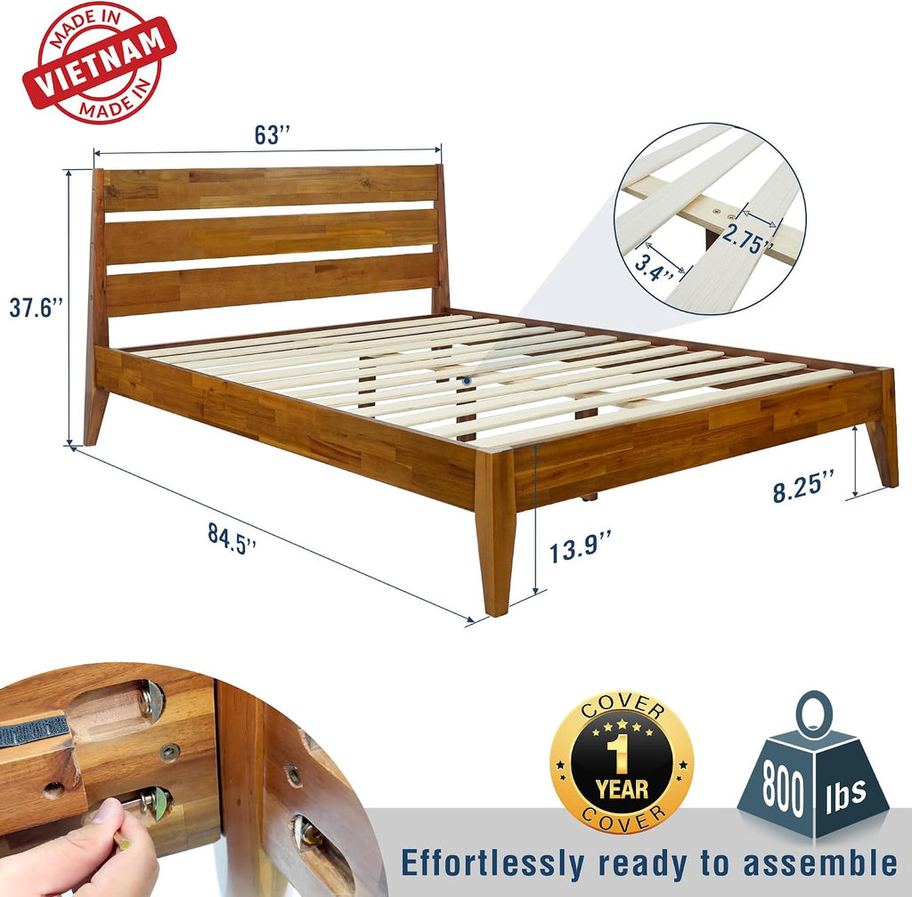 Acacia Emery Bed Frame with Headboard Solid Wood Platform Bed, Queen Bed Frame, Mid - Century Modern Wood Bed